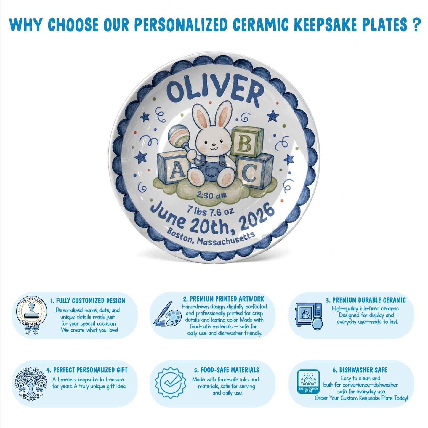 Cute Bunny Birth Stats Keepsake Personalized Birthday Plate for Baby P626ZVPTTb