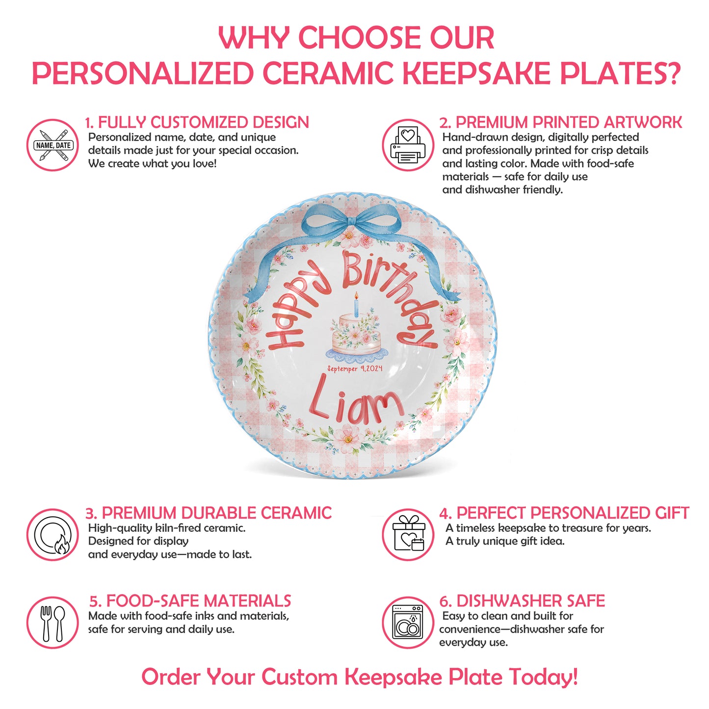 Blue Bow Gingham Floral Personalized Birthday Plate P561Y10