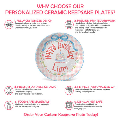 Blue Bow Gingham Floral Personalized Birthday Plate P561Y10