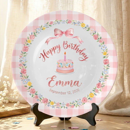 Pink Gingham Border with Floral Wreath Bow Personalized Birthday Plate P4151HJ0