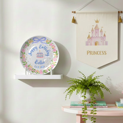 Blue Bow Flower Border Personalized Birthday Plate P311I7Y0