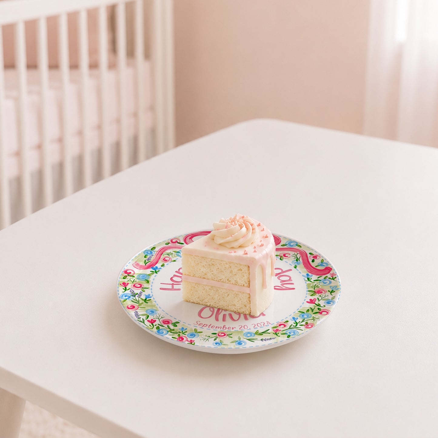 Pink Bow Floral Cake Personalized Birthday Plate P64HKN0