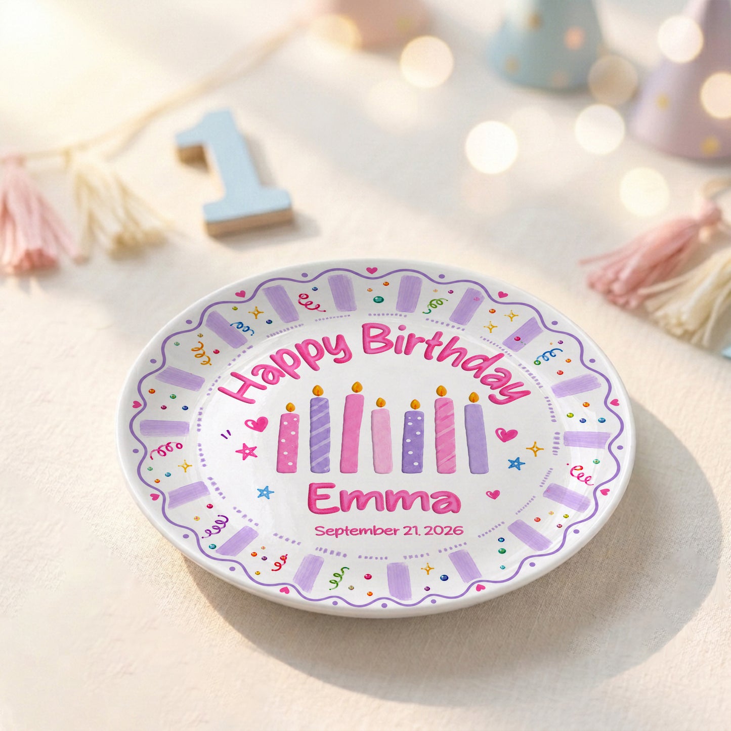 Colorful Candle Personalized Birthday Plate for Kids Custom Ceramic Keepsake Gift P86ZYS0