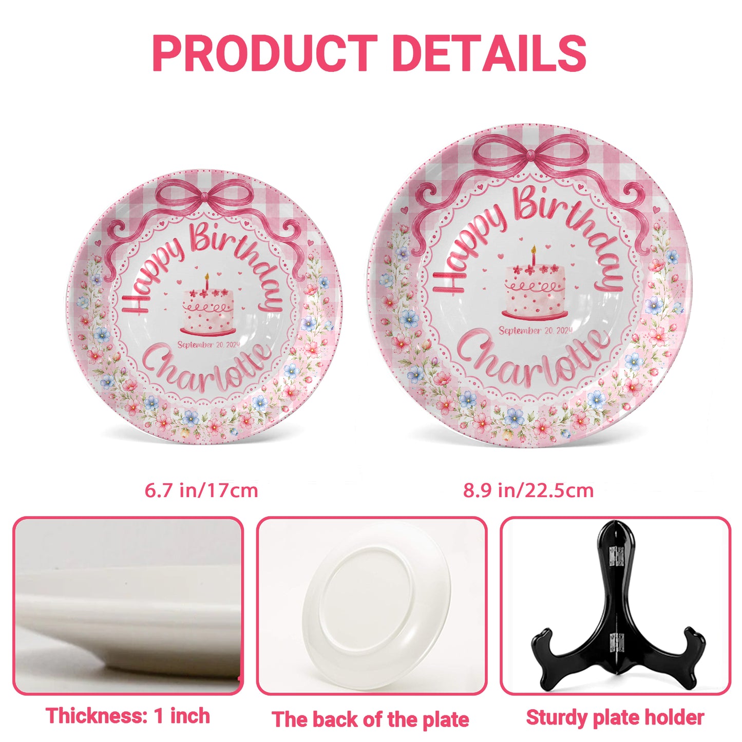 Pink Gingham Floral Bow Cake Personalized Birthday Plate for Girls P520UDC0