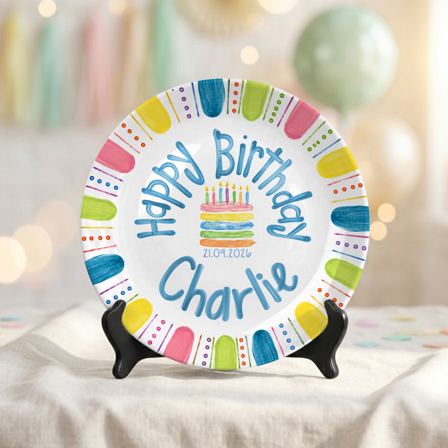 Colorful Cake Custom Name Kids Party Keepsake Personalized Birthday Plate P821TBL0