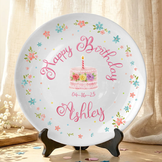 Simple Floral Border Personalized Birthday Plate P412PQN0