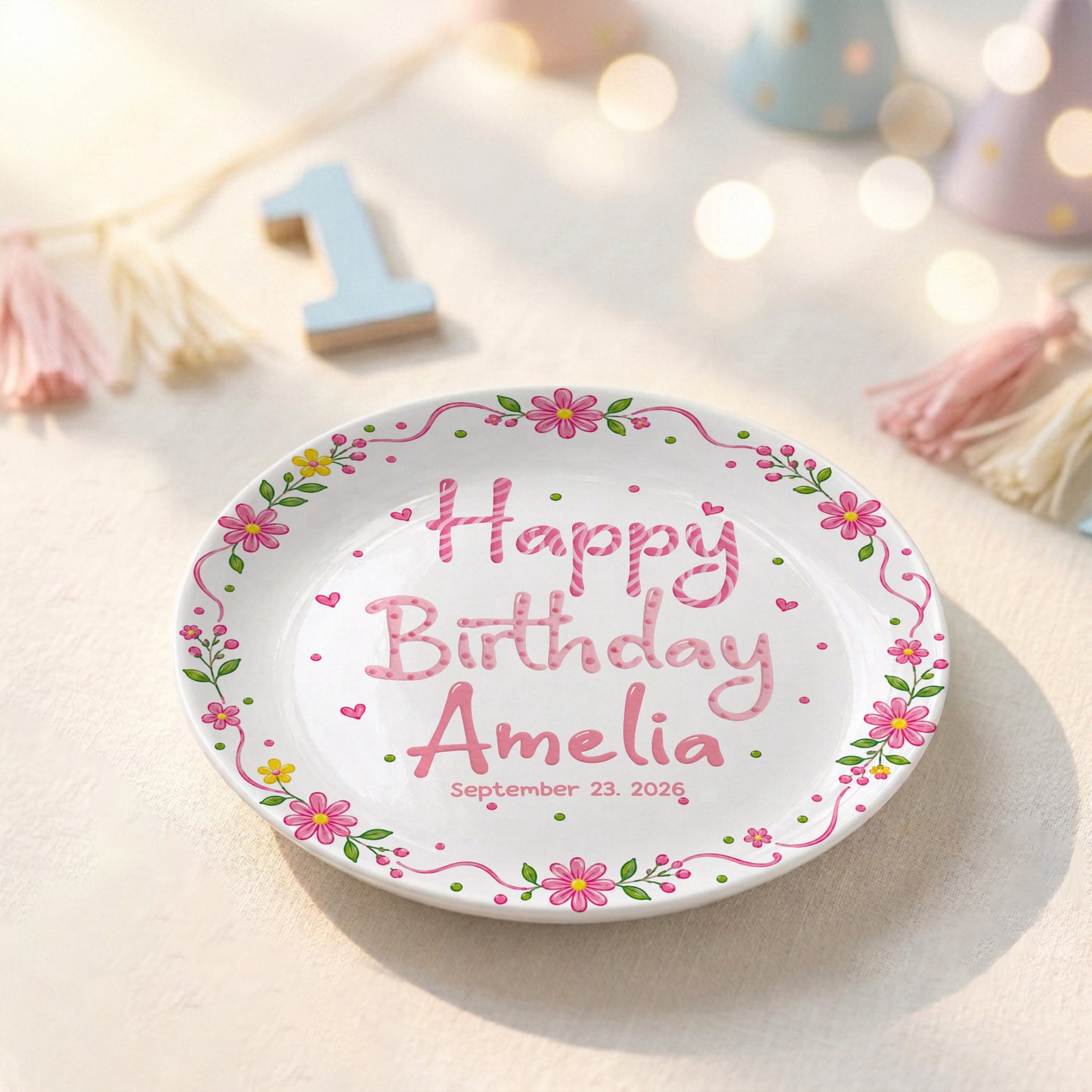 Floral Birthday Personalized Plate for Kids Custom Name Keepsake Gift P85DGR0