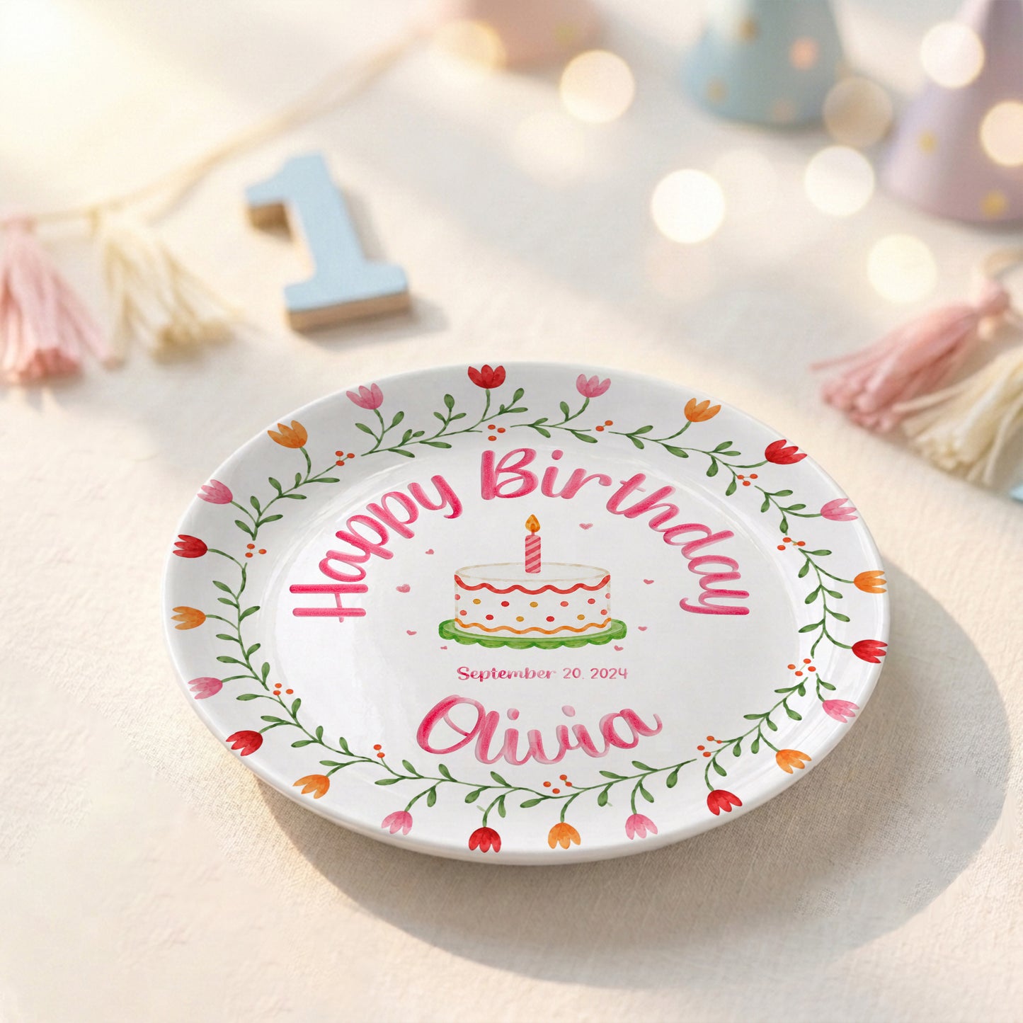 Tulip Floral Personalized Birthday Plate for Kids, Custom Name and Date Ceramic Keepsake P85E4U0