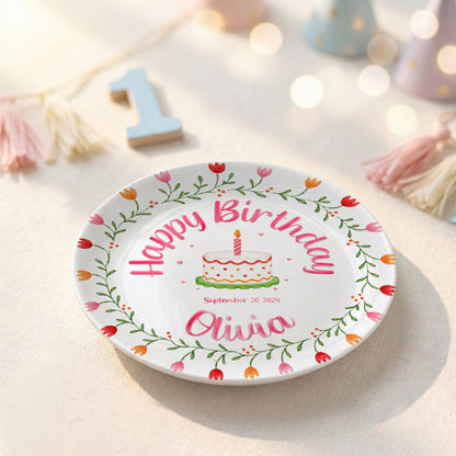 Tulip Floral Personalized Birthday Plate for Kids, Custom Name and Date Ceramic Keepsake P85E4U0