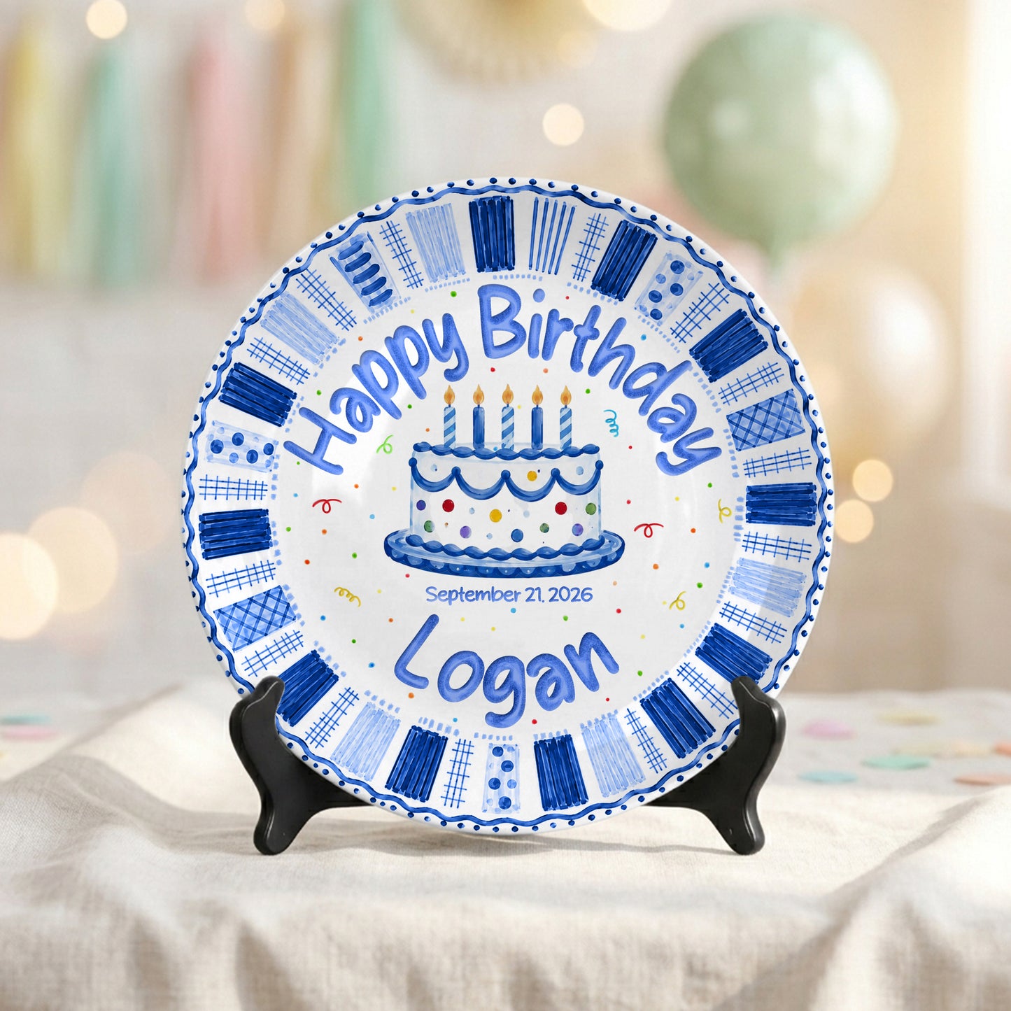 Blue Checkered Cake Personalized Birthday Plate for Boys Birthday Gift P812TGN0