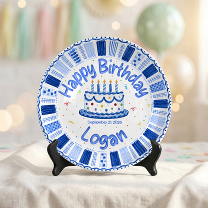 Blue Checkered Cake Personalized Birthday Plate for Boys Birthday Gift P812TGN0