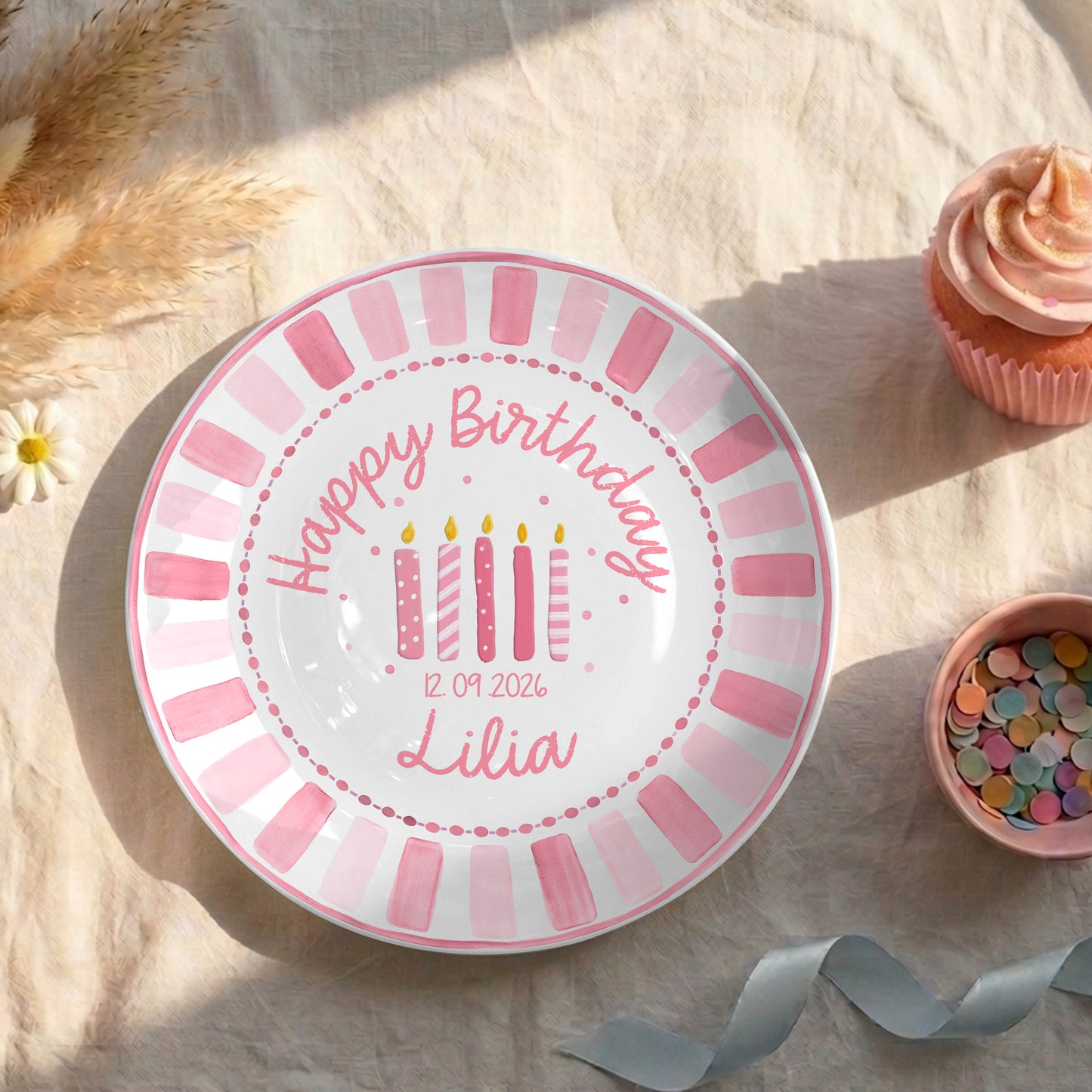 Pink Striped Border with Pink Birthday Candles Personalized Birthday Plate P481HC0