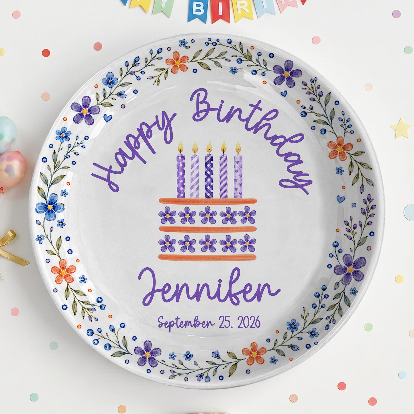 Purple Floral Personalized Birthday Plate for Girls, Custom Birthday Keepsake Gift P723G7E0