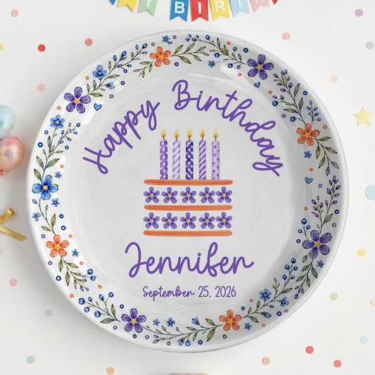 Purple Floral Personalized Birthday Plate for Girls, Custom Birthday Keepsake Gift P723G7E0