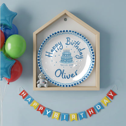 Blue Dotted Border and Cake Personalized Birthday Plate P32WRE0