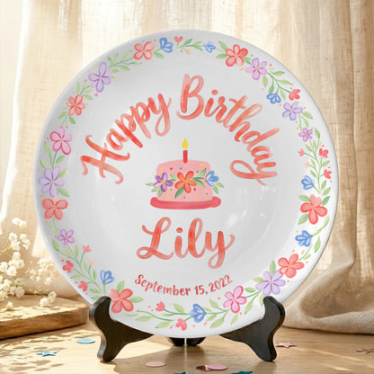 Floral Wreath with Pink Birthday Cake Personalized Birthday Plate P415Q5C0