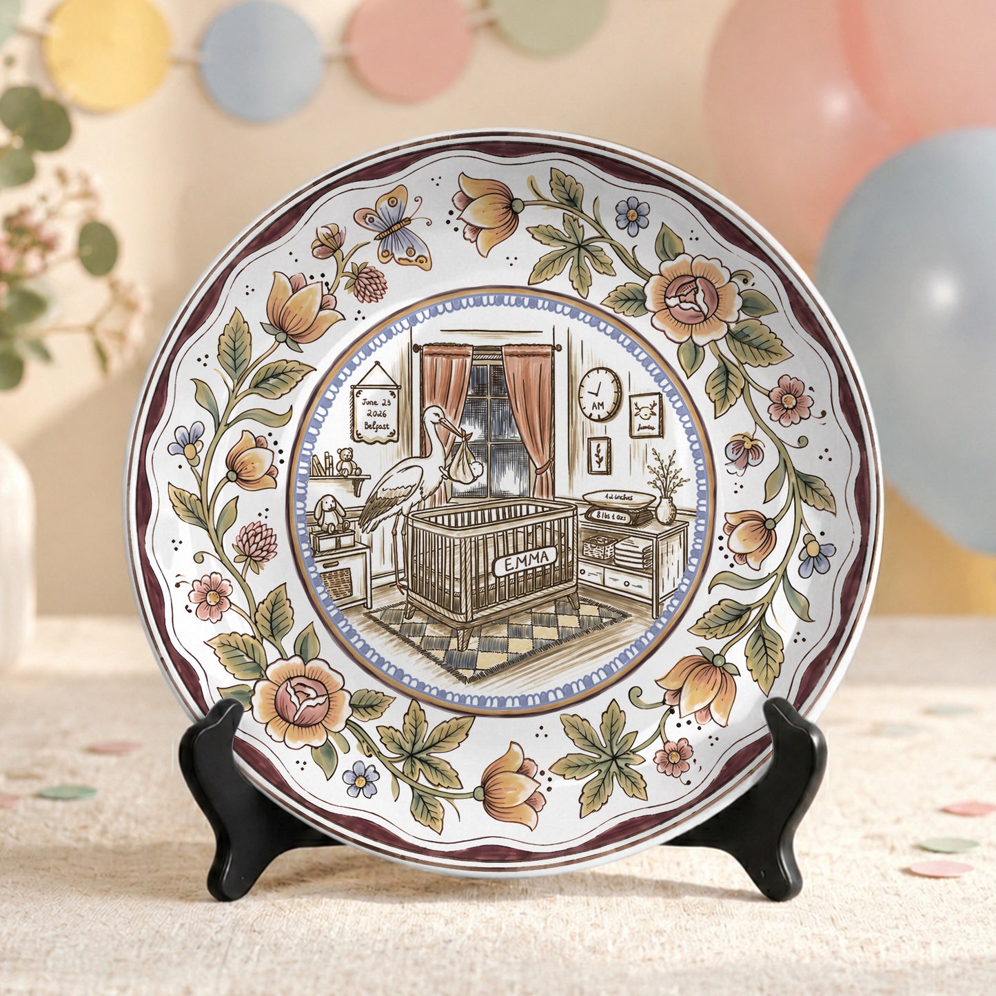 Floral Goose Baby Birth Stats Custom Ceramic Personalized Birthday Plate P825ZLY0
