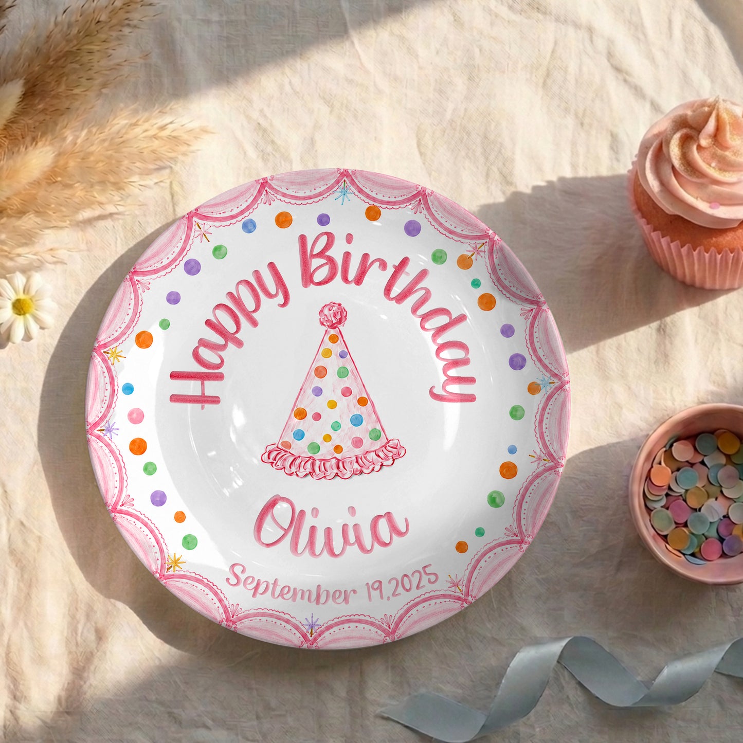 Pink Scallop Border with Colorful Polka Dot & Party Hat Personalized Birthday Plate P5653B0