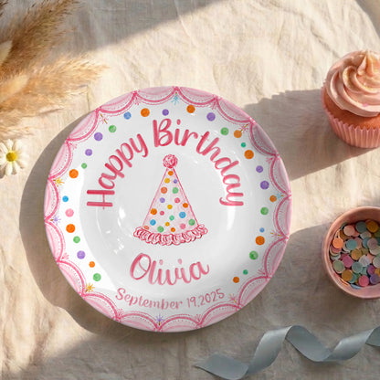 Pink Scallop Border with Colorful Polka Dot & Party Hat Personalized Birthday Plate P5653B0