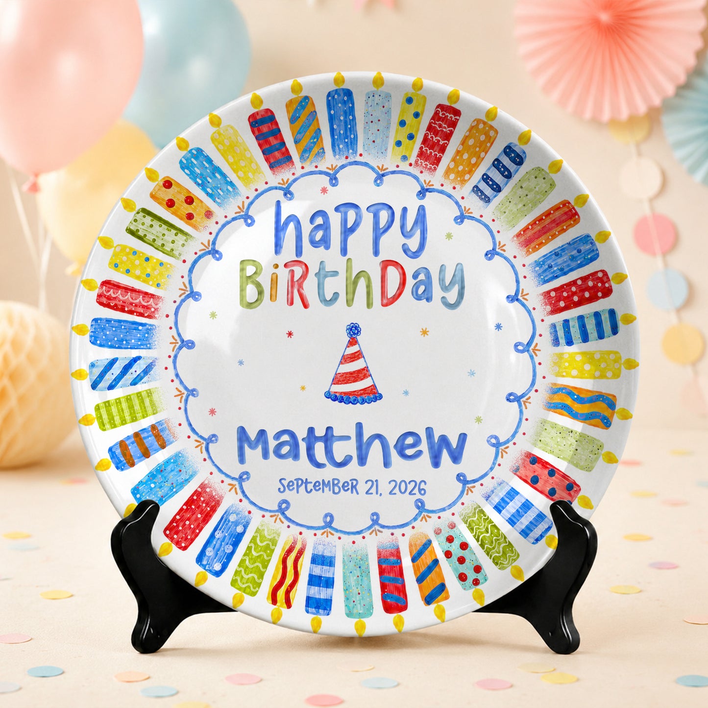 Colorful Candle Celebration Custom Name Ceramic Keepsake Personalized Birthday Plate P82509W0