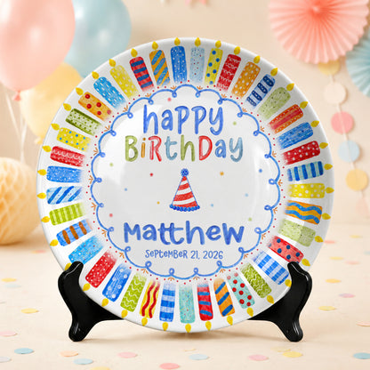Colorful Candle Celebration Custom Name Ceramic Keepsake Personalized Birthday Plate P82509W0