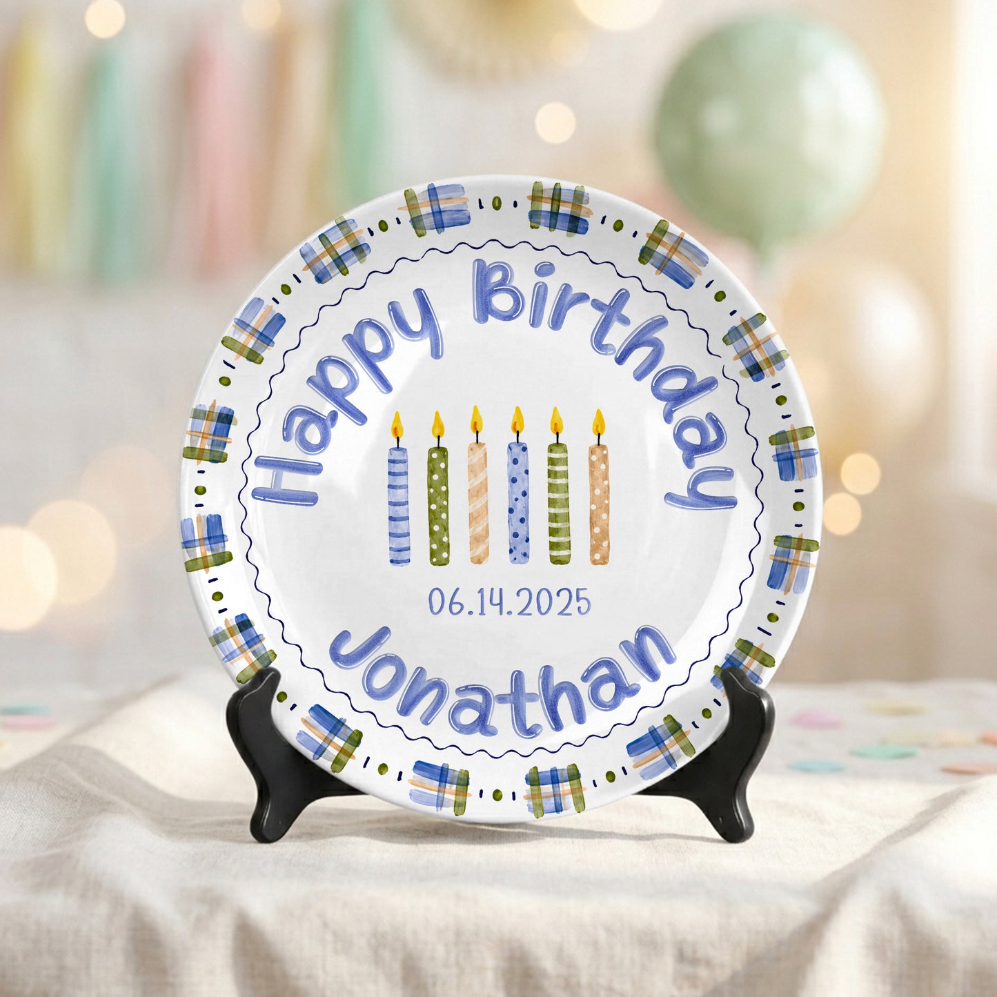 Blue Plaid Boys Custom Name First Birthday Personalized Birthday Plate P8245JH0