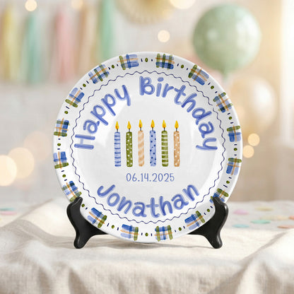 Blue Plaid Boys Custom Name First Birthday Personalized Birthday Plate P8245JH0