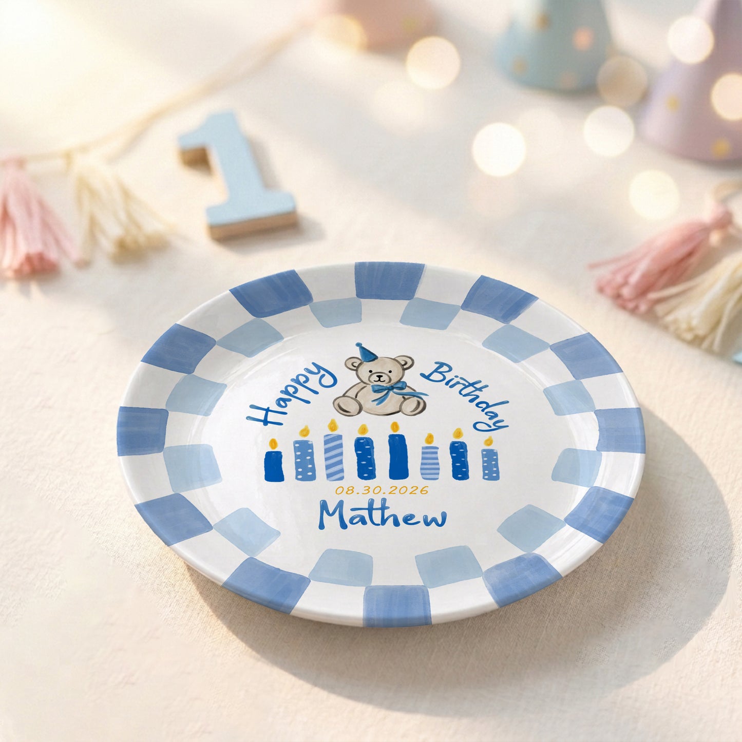 Blue Teddy Bear Birthday Cake Keepsake Personalized Birthday Plate For Kids Gift P713IUP0