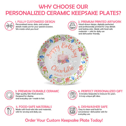 Colorful Floral Cake Personalized Birthday Plate for Girls P417GEG0