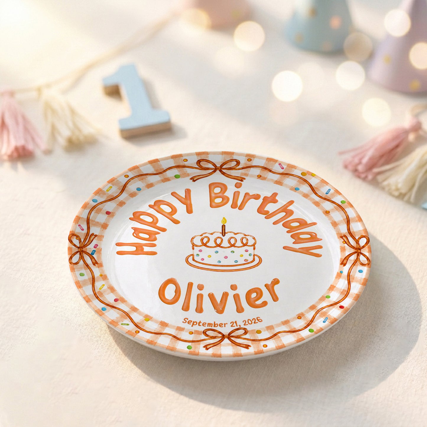 Orange Gingham Bow Personalized Birthday Plate for Kids, Custom Name and Date Ceramic Keepsake P85RP60