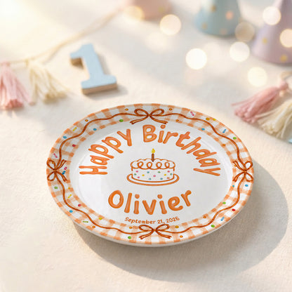 Orange Gingham Bow Personalized Birthday Plate for Kids, Custom Name and Date Ceramic Keepsake P85RP60