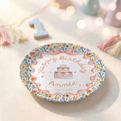 Floral Bow Birthday Cake Personalized Birthday Plate for Kids Keepsake P86TSJ0