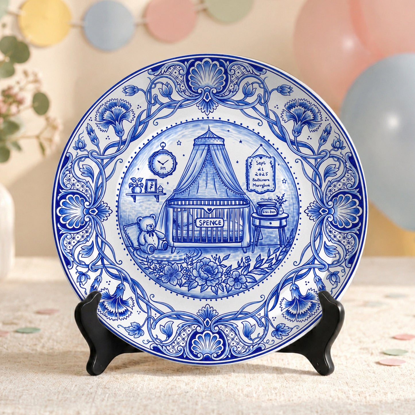 Delft Blue Newborn Birth Stats Custom Name Ceramic Personalized Birthday Plate P820OVX0