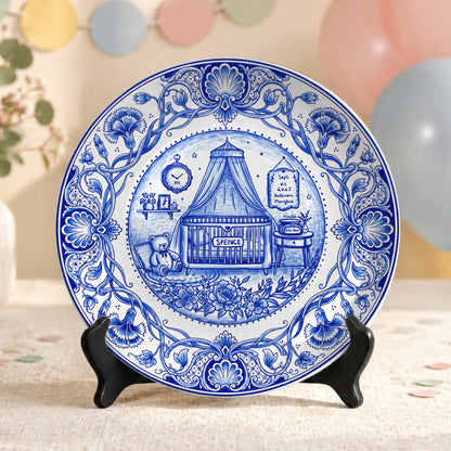 Delft Blue Newborn Birth Stats Custom Name Ceramic Personalized Birthday Plate P820OVX0