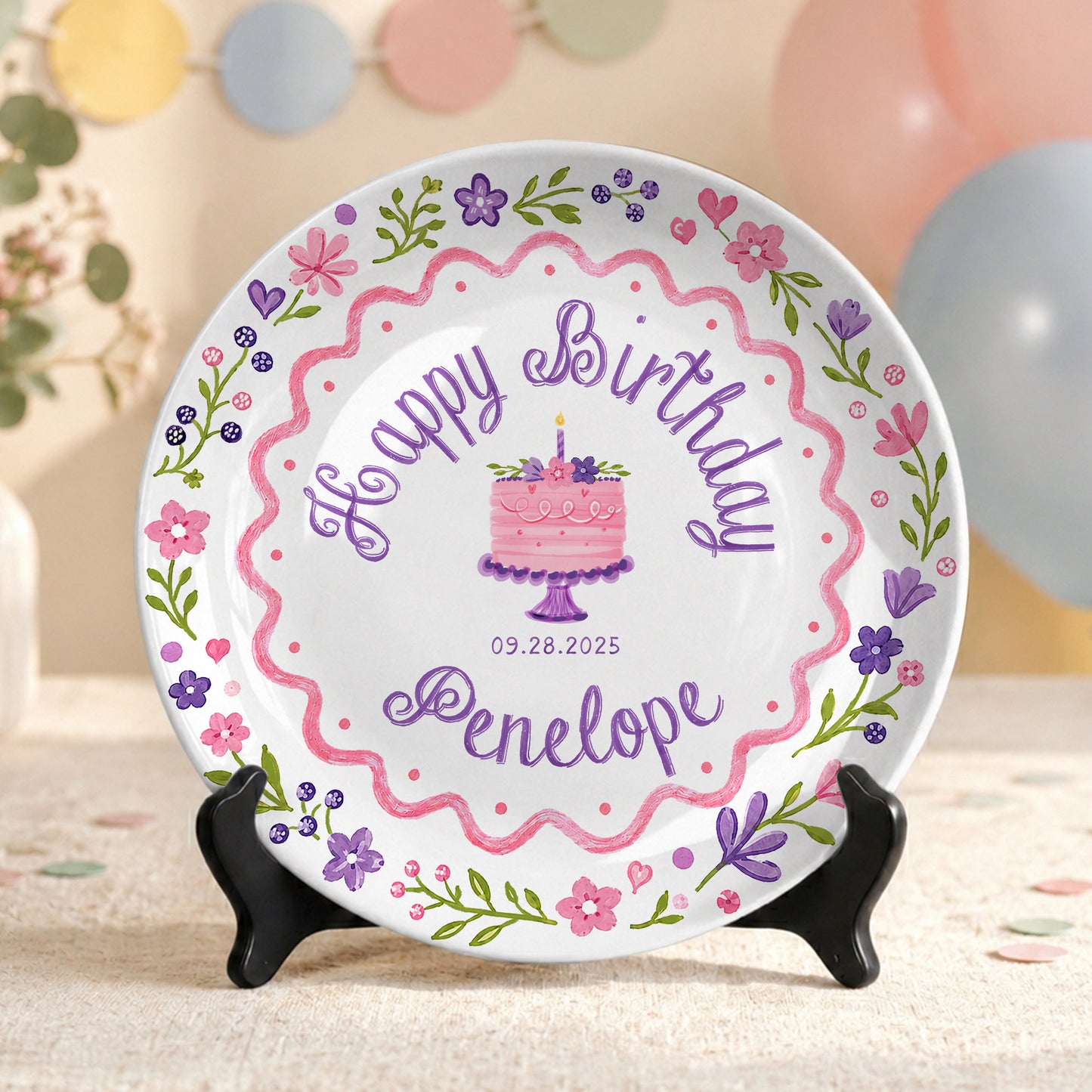 Floral Cake First Birthday Custom Name Keepsake Personalized Birthday Plate P826KAY0