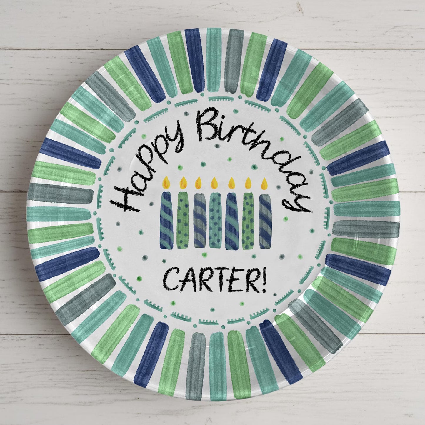 Candles with Green and Navy Striped Border Personalized Birthday Plate D22THP0