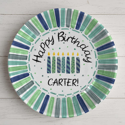 Candles with Green and Navy Striped Border Personalized Birthday Plate D22THP0