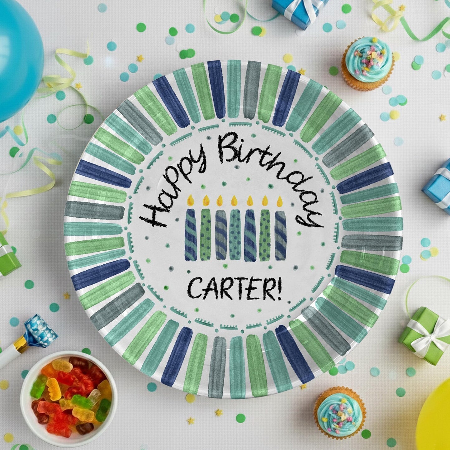 Candles with Green and Navy Striped Border Personalized Birthday Plate D22THP0