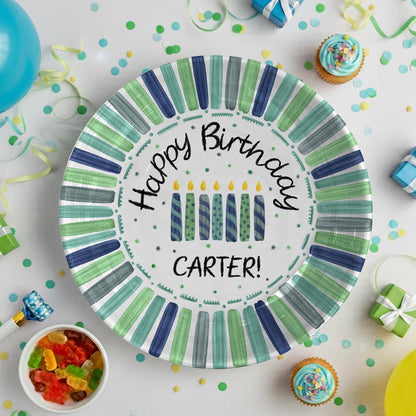 Candles with Green and Navy Striped Border Personalized Birthday Plate D22THP0