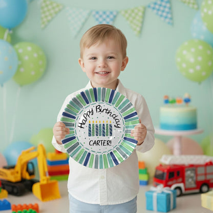 Candles with Green and Navy Striped Border Personalized Birthday Plate D22THP0