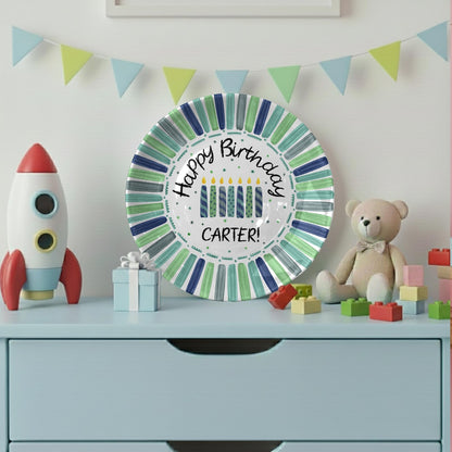 Candles with Green and Navy Striped Border Personalized Birthday Plate D22THP0