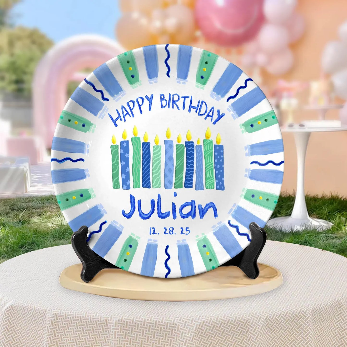 Blue and Green Candles Personalized Birthday Plate D916IIR0