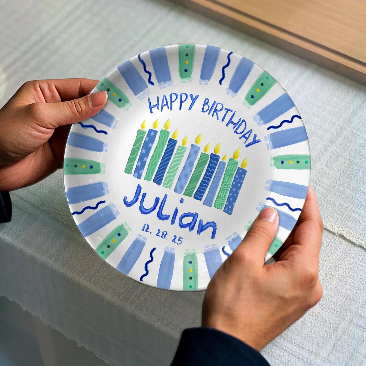 Blue and Green Candles Personalized Birthday Plate D916IIR0