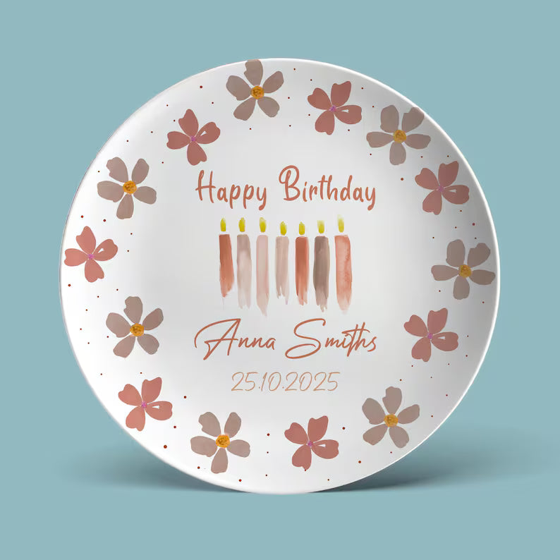 Earth Tone Flowers and Candles Personalized Birthday Plate D925HRY0