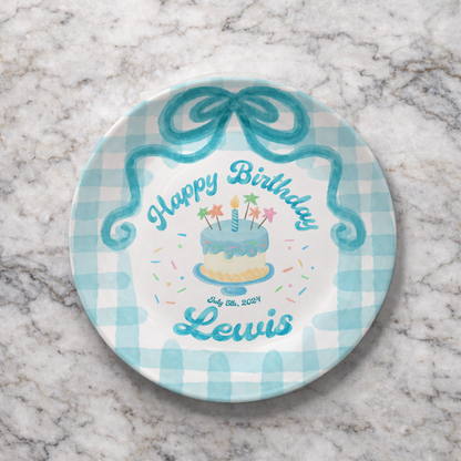 Teal Bow and Checkered Cake Personalized Birthday Plate P212RB00