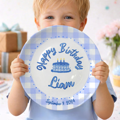 Blue Gingham Border with Blue Birthday Cake Personalized Birthday Plate P415SDU0