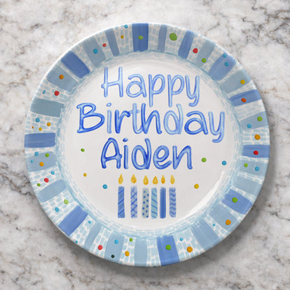 Blue Candles and Confetti Border Personalized Birthday Plate P274NR0