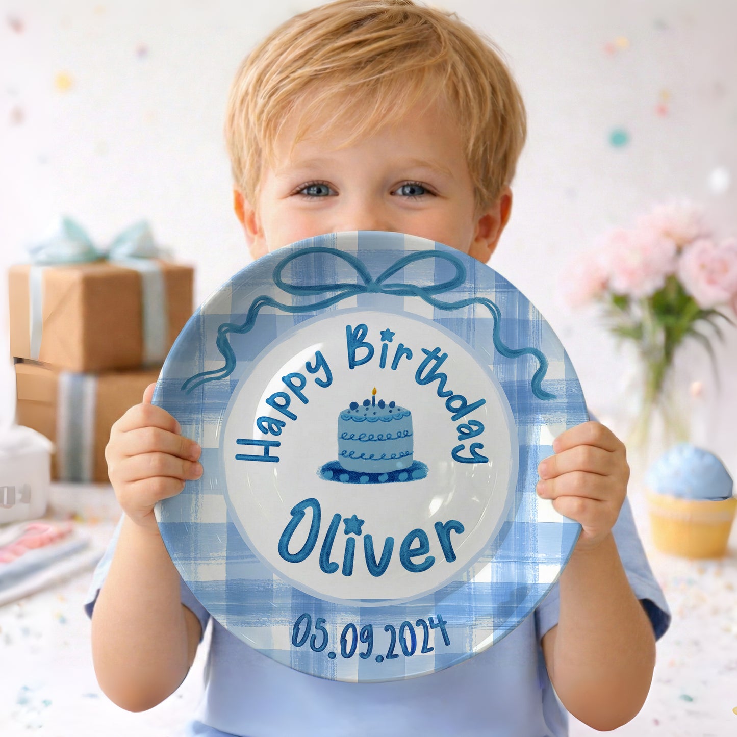 Blue Gingham Bow Personalized Birthday Plate P41V3P0