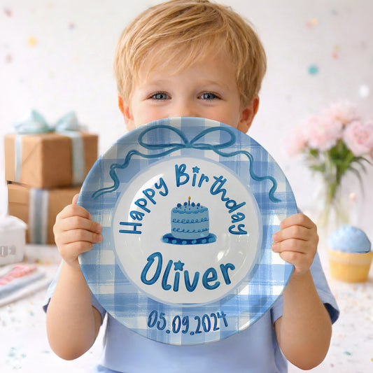 Blue Gingham Bow Personalized Birthday Plate P41V3P0