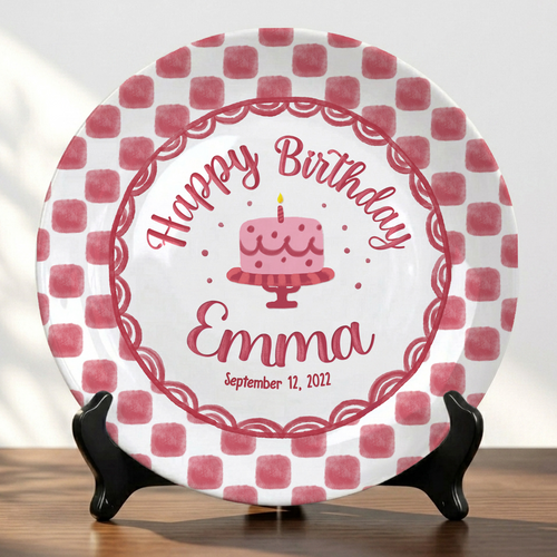Pink Gingham Birthday Cake Keepsake Personalized Birthday Plate Gift P731X850